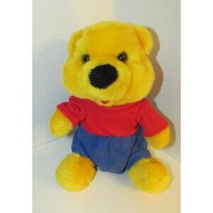 Goffa plush yellow‎ teddy bear red shirt blue shorts hanging head loop vintage